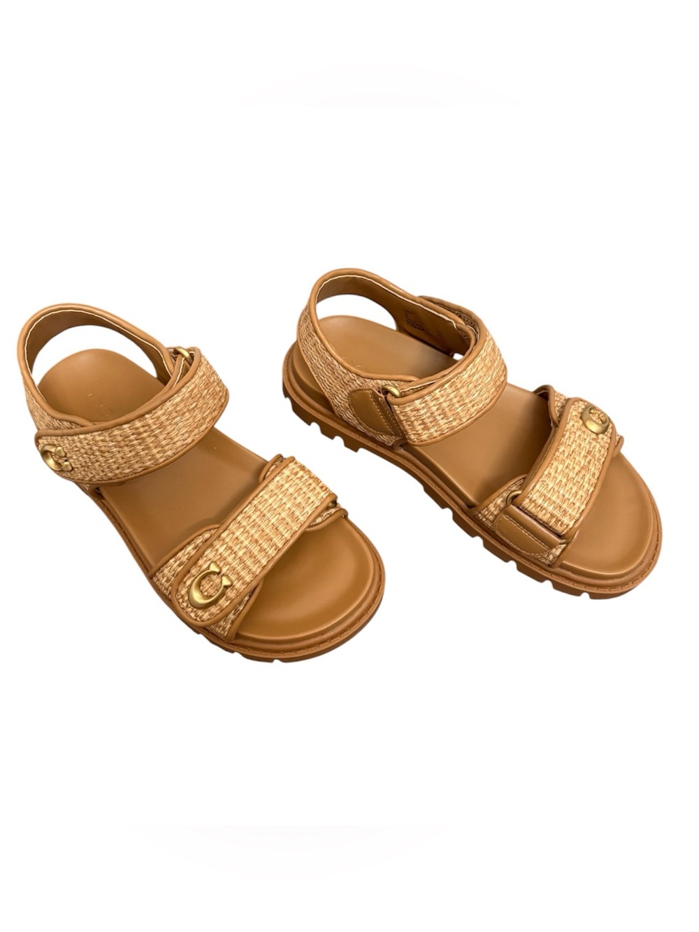 NWT Coach Brynn Raffia Sandals Natural Straw Gold Hardware Velcro Straps Size 5 - Picture 3 of 11